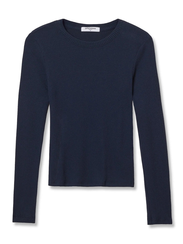 Jolie- sweater rib crew neck long sleeve - Navy - Perfect White Tee