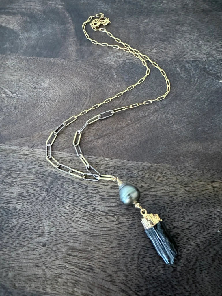 Black Raw Tourmaline and Tahitian Pearl Shield Talisman Necklace by Tide & Tied