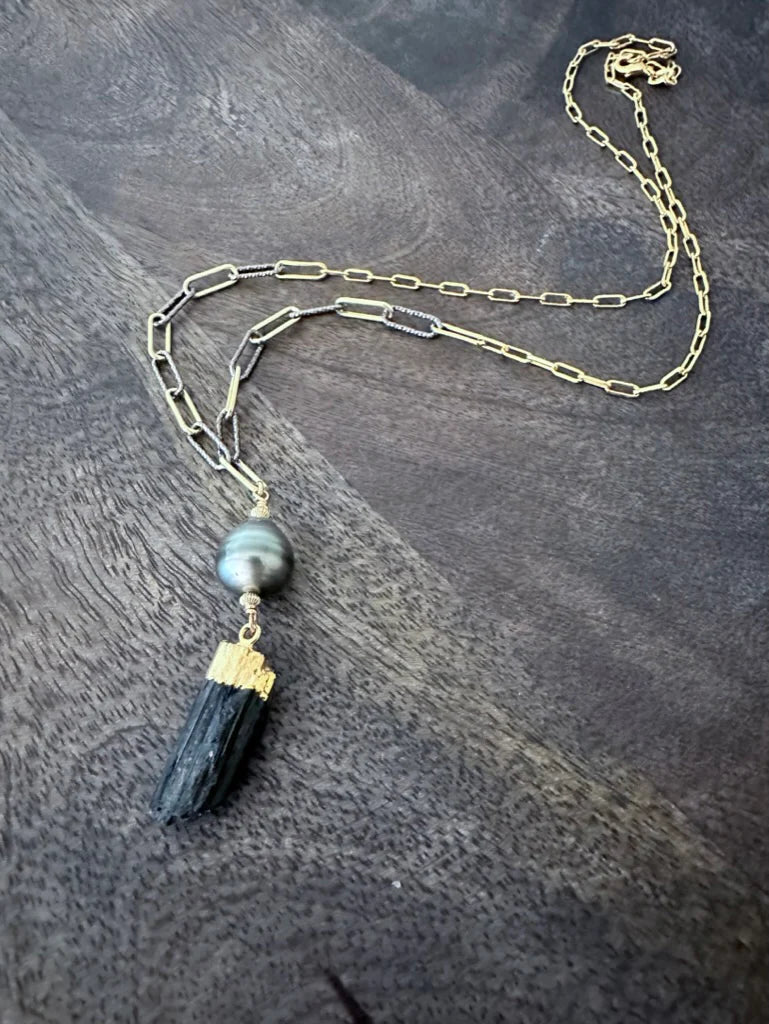 Black Raw Tourmaline and Tahitian Pearl Shield Talisman Necklace by Tide & Tied