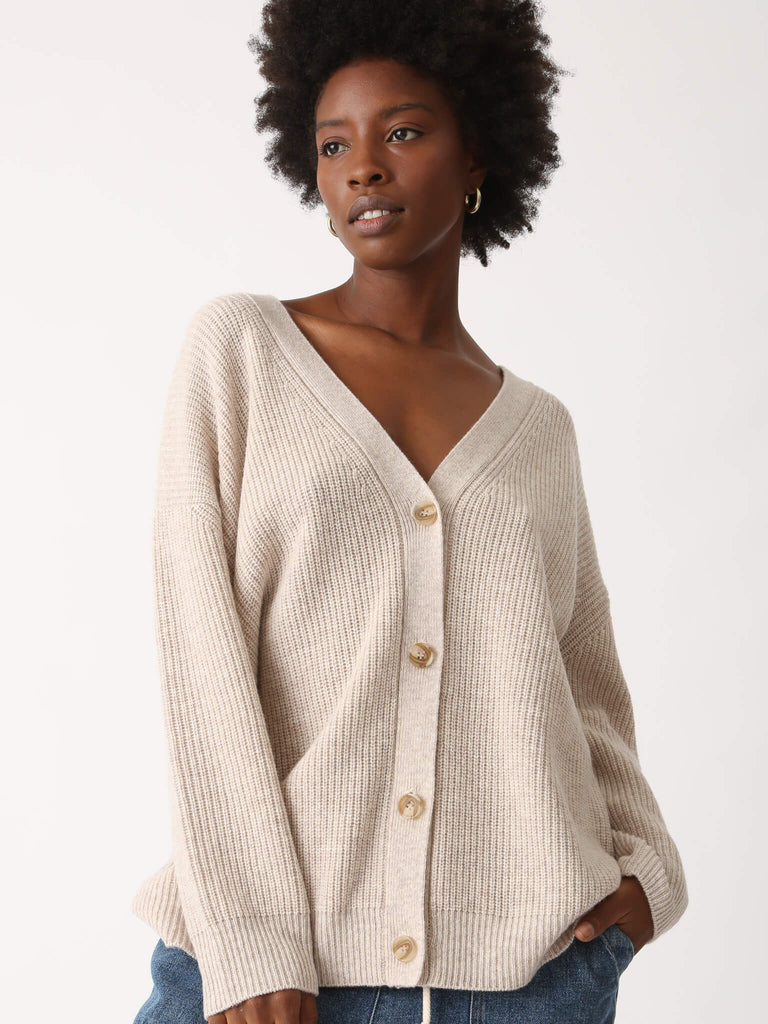 Wool & Cashmere Everyday Cardigan Sweater - Oatmeal Heather  - by Electric Rosen