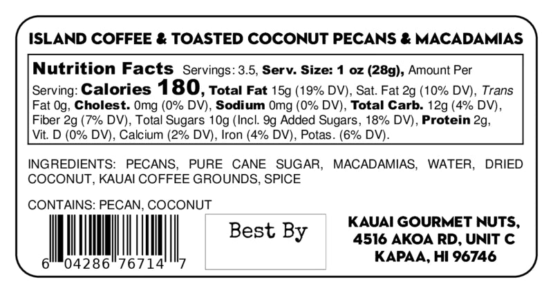Coconut Coffee Pecans and Macadamias 3.5 oz - KAUAI GOURMET NUTS