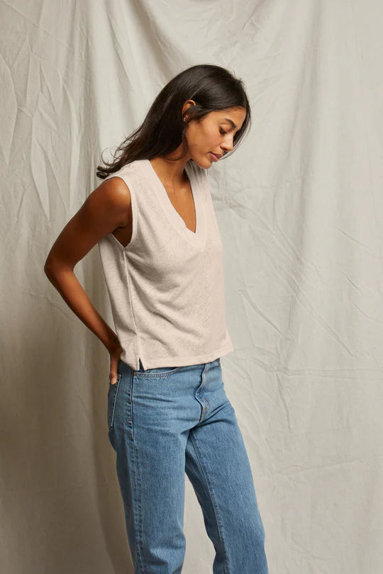 Lucy - linen blend Vneck Tank - Oatmeal- Perfect White Tee