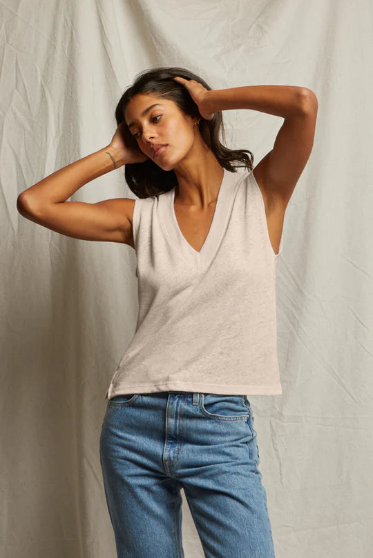 Lucy - linen blend Vneck Tank - Oatmeal- Perfect White Tee