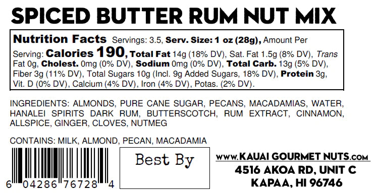 Hanalei Spirits Spiced Butter Rum Nut Mix 7 oz - KAUAI GOURMET NUTS