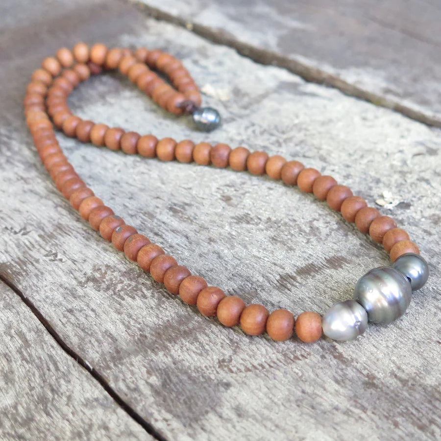 Sacred Tide-3 Necklace with Sandlewood and Tahitian Pearl by Tide & Tied
