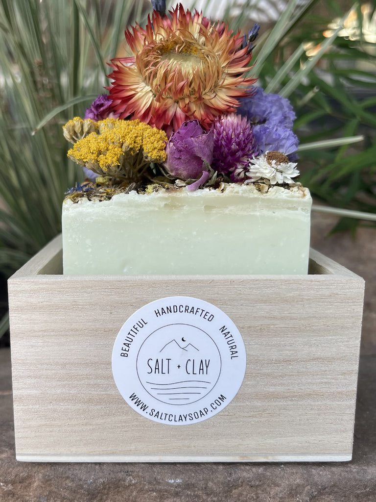 HUGE Coastal Garden Soap ~ 80% Olive Oil Soap ~ with Dried Flowers + Lavender Essential Oil- Salt + Clay
